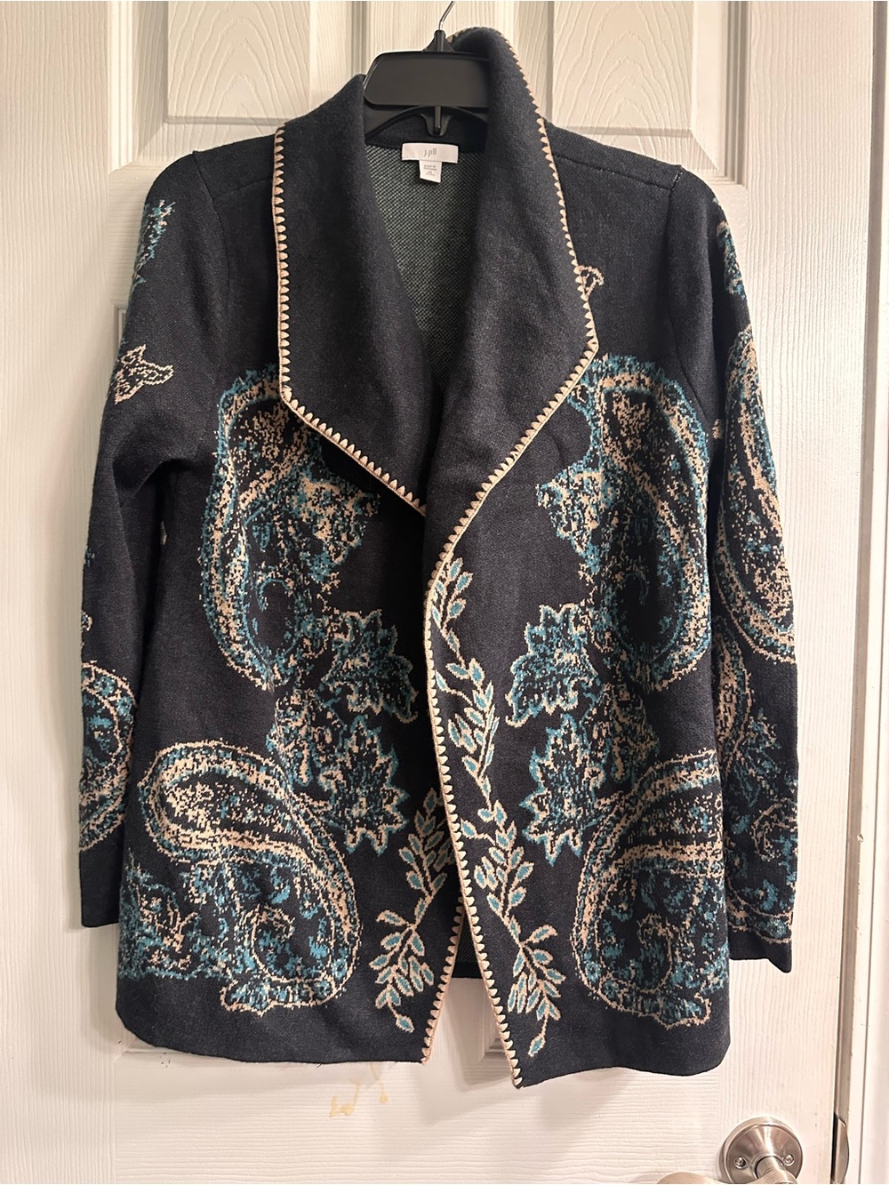 J. Jill Black Open-Front Cardigan with Teal and Cream Paisley